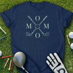 Navy t-shirt with "MOM" in large letters and crossed golf clubs.