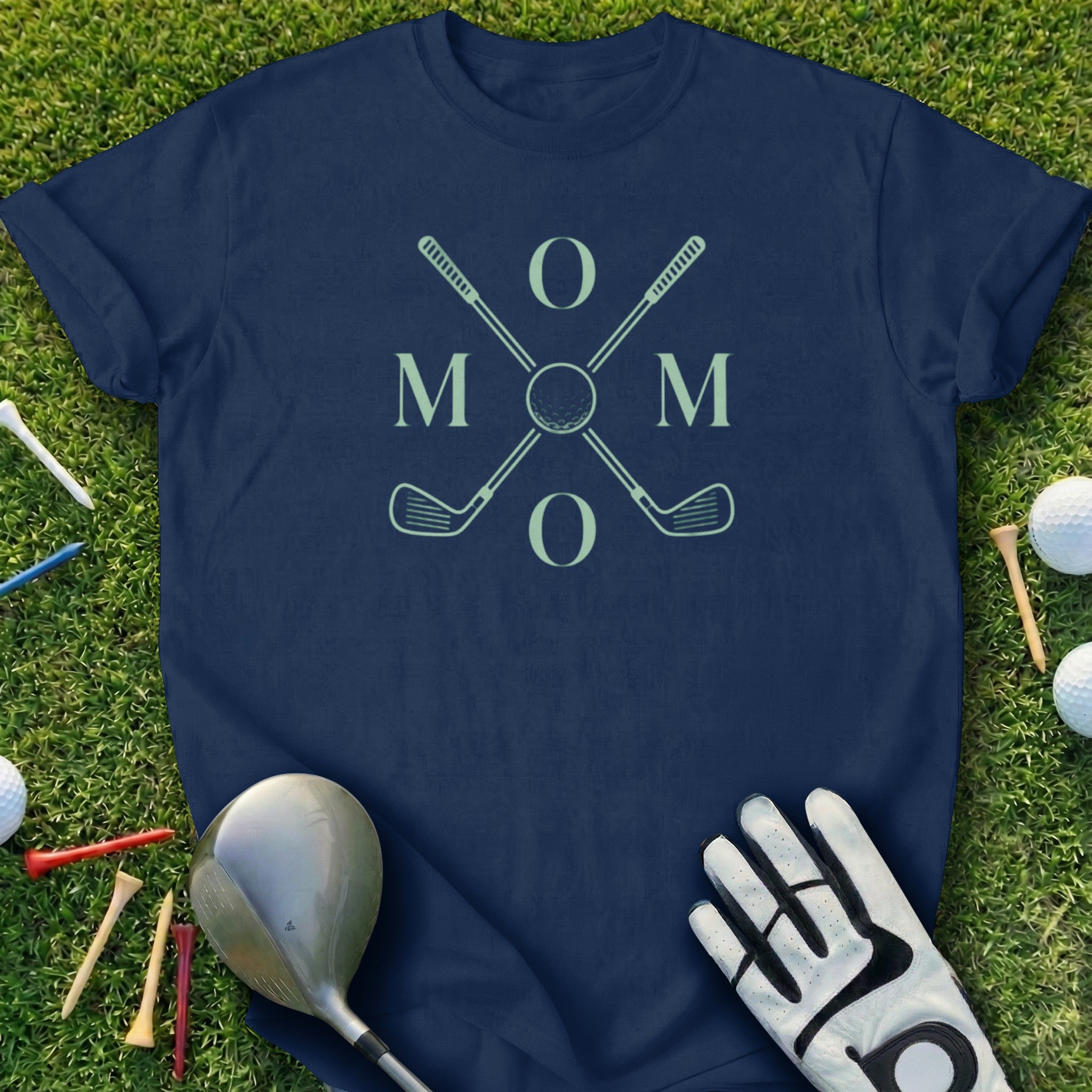 Navy t-shirt with "MOM" in large letters and crossed golf clubs.