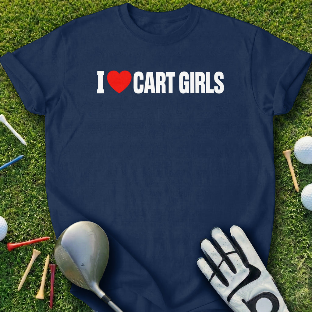 Navy t-shirt with "I ♥ CART GIRLS" text, golf club, glove, and balls.
