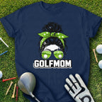 Navy t-shirt with "GOLFMOM" text and sunglasses with golf ball reflections.