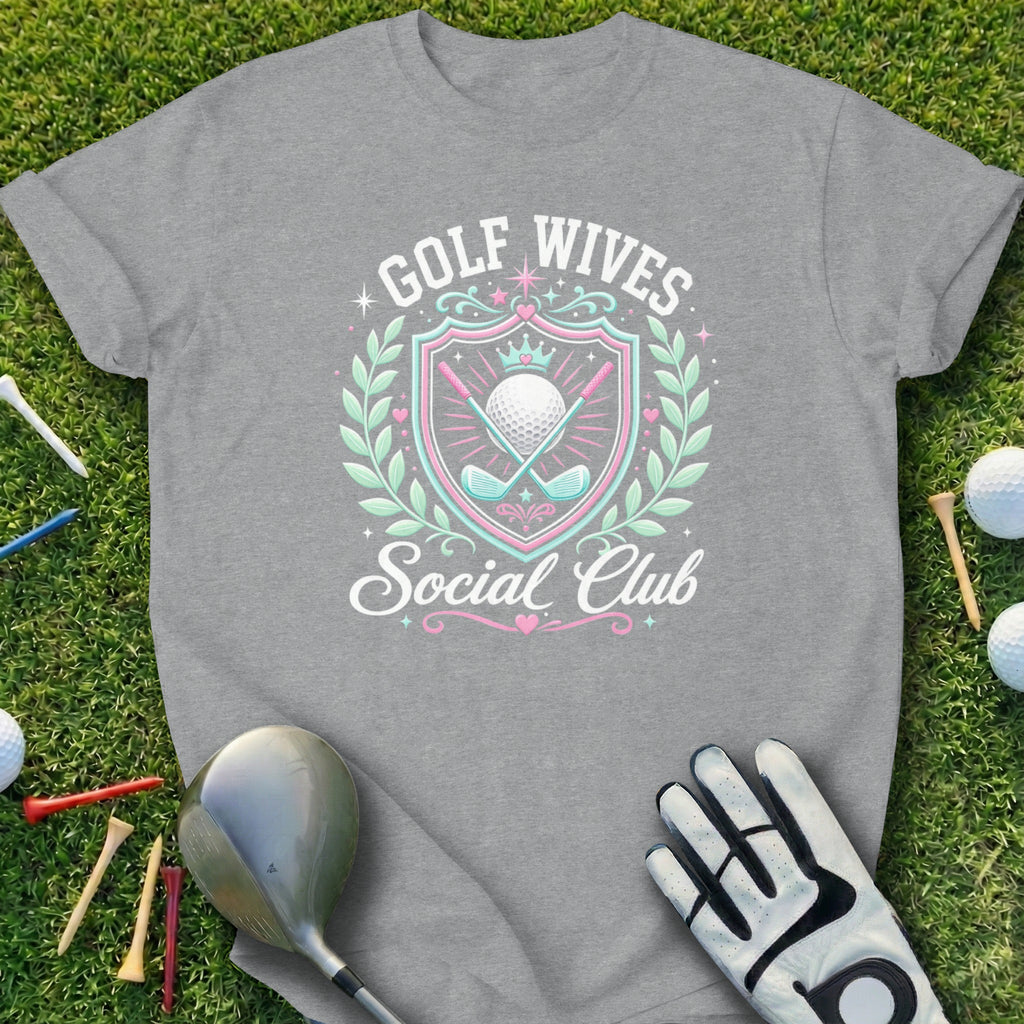 Grey t-shirt with "Golf Wives Social Club" text and golf ball emblem.