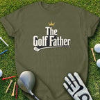 Olive green t-shirt with "The Golf Father" text and golf club graphic.