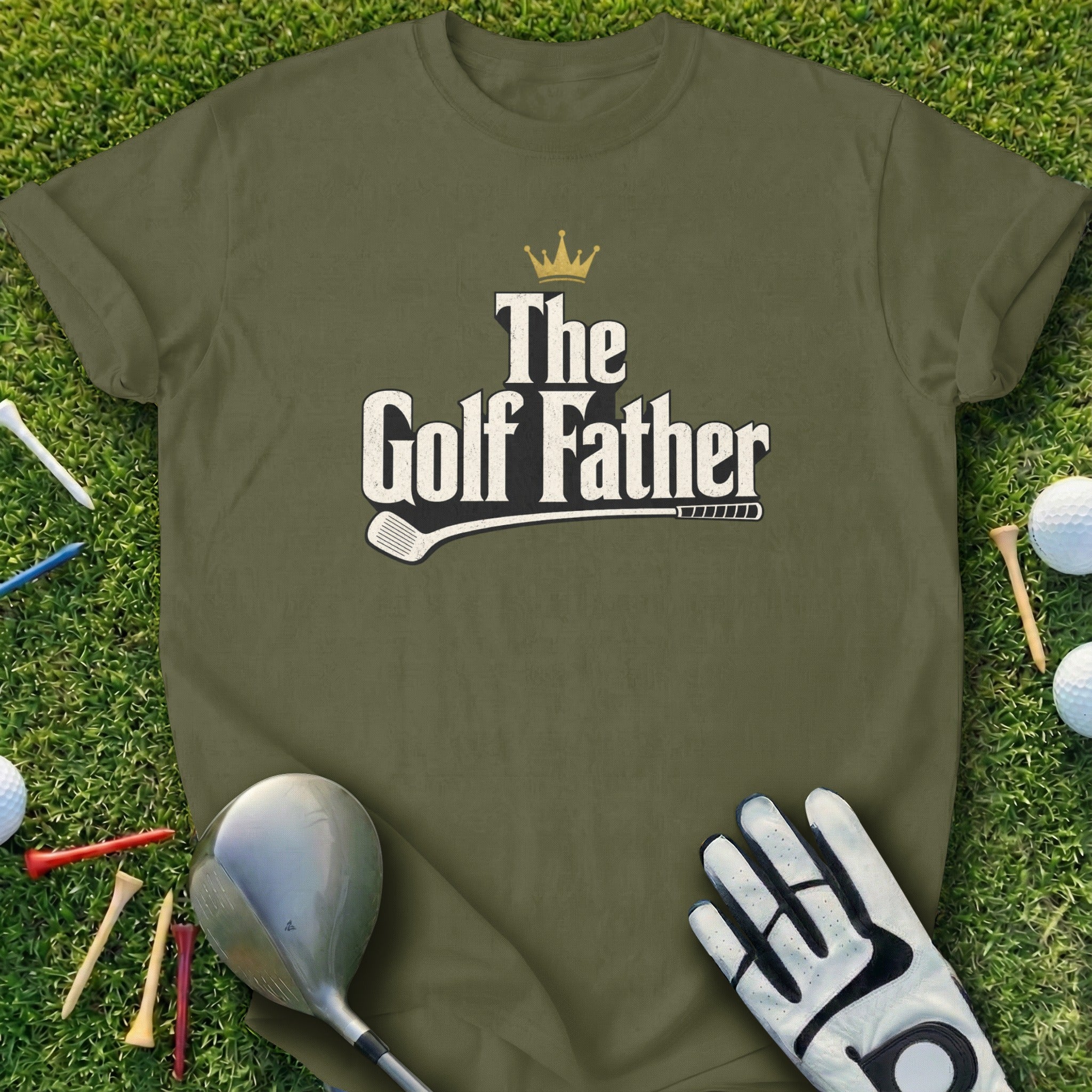 Olive green t-shirt with "The Golf Father" text and golf club graphic.