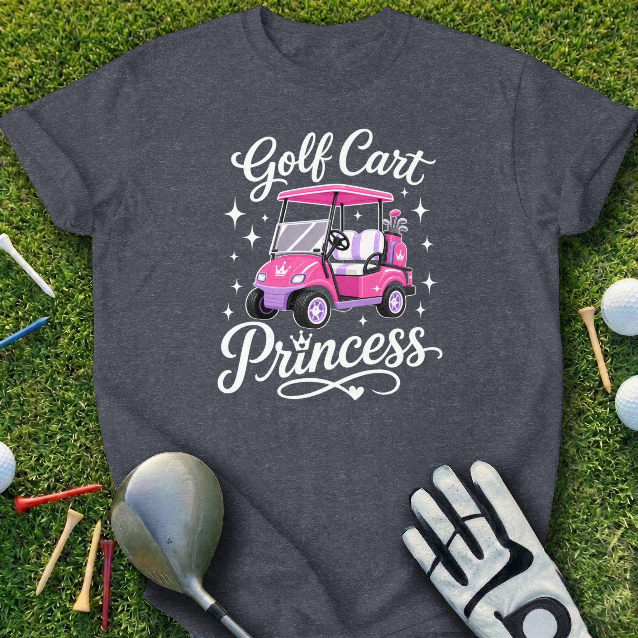 Dark grey t-shirt with pink golf cart and "Golf Cart Princess" text.