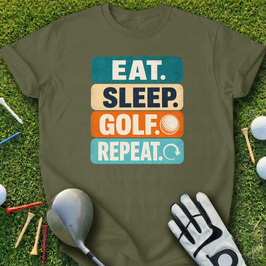 Olive green t-shirt with "EAT. SLEEP. GOLF. REPEAT." text and golf ball graphic.