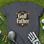 Dark grey t-shirt with "The Golf Father" logo and golf accessories.