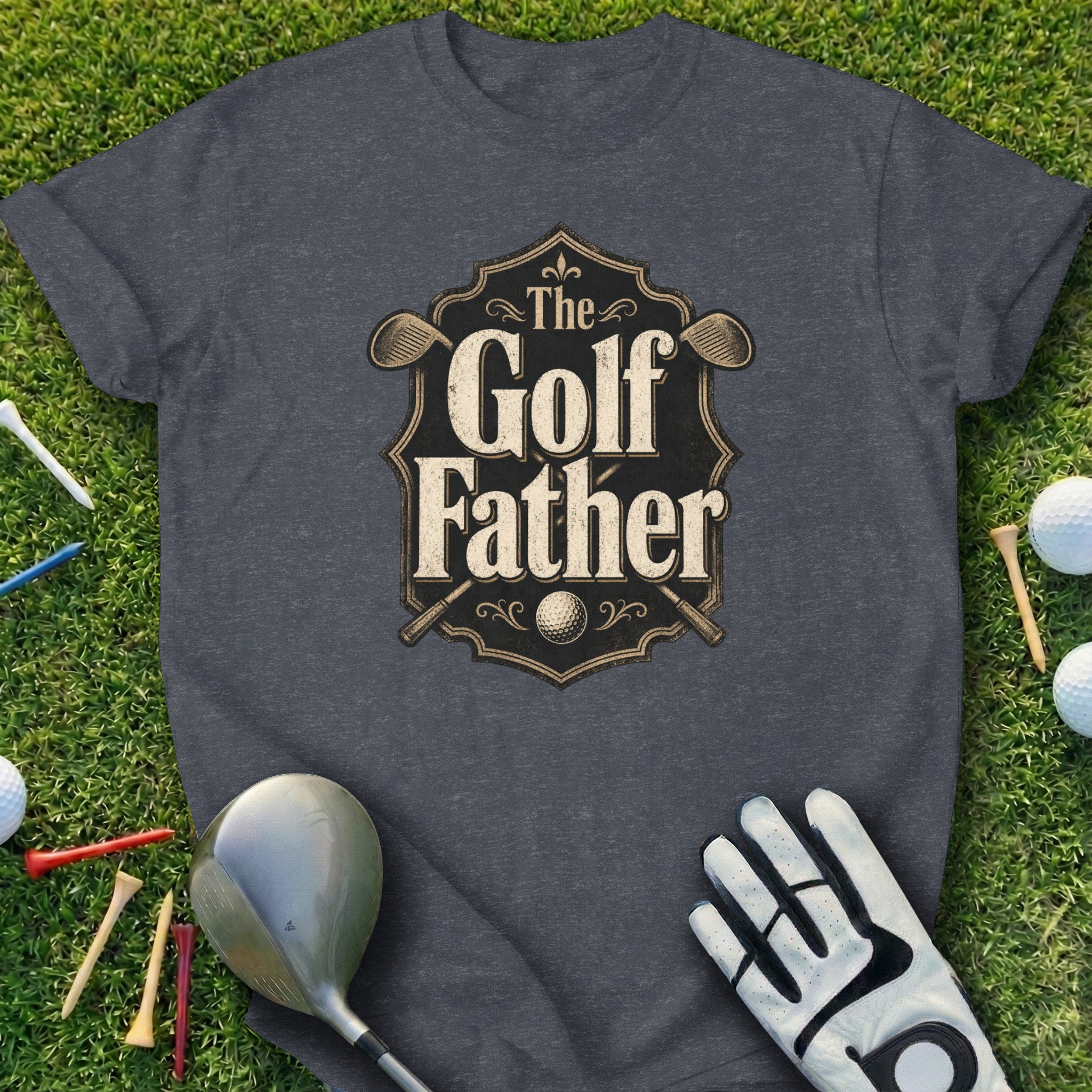 Dark grey t-shirt with "The Golf Father" logo and golf accessories.