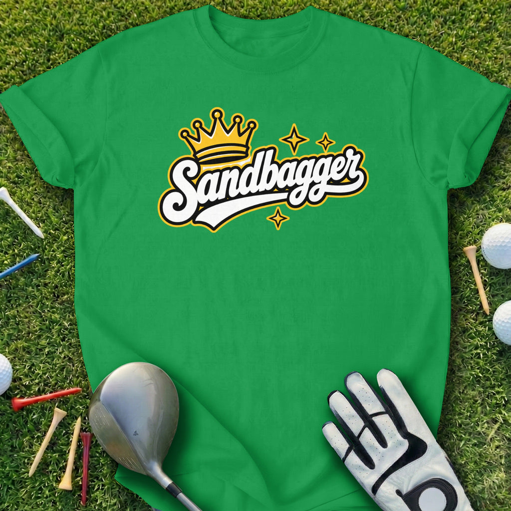 Green t-shirt with "Sandbagger" text and crown logo.