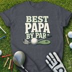 Dark grey t-shirt with "BEST PAPA BY PAR" text and golf imagery.