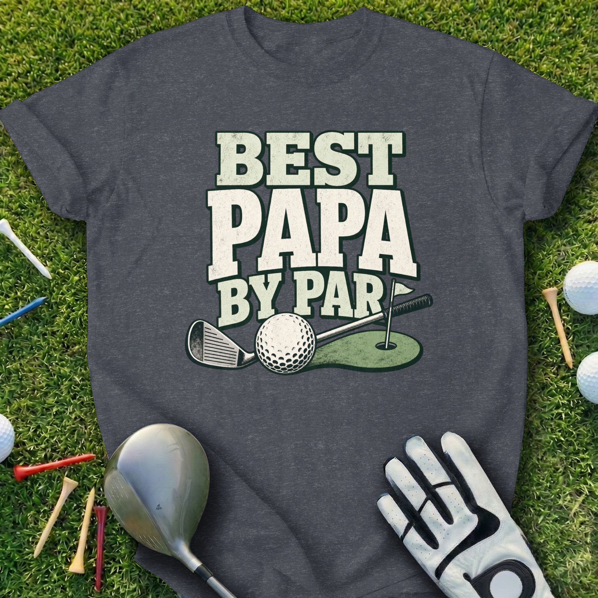 Dark grey t-shirt with "BEST PAPA BY PAR" text and golf imagery.