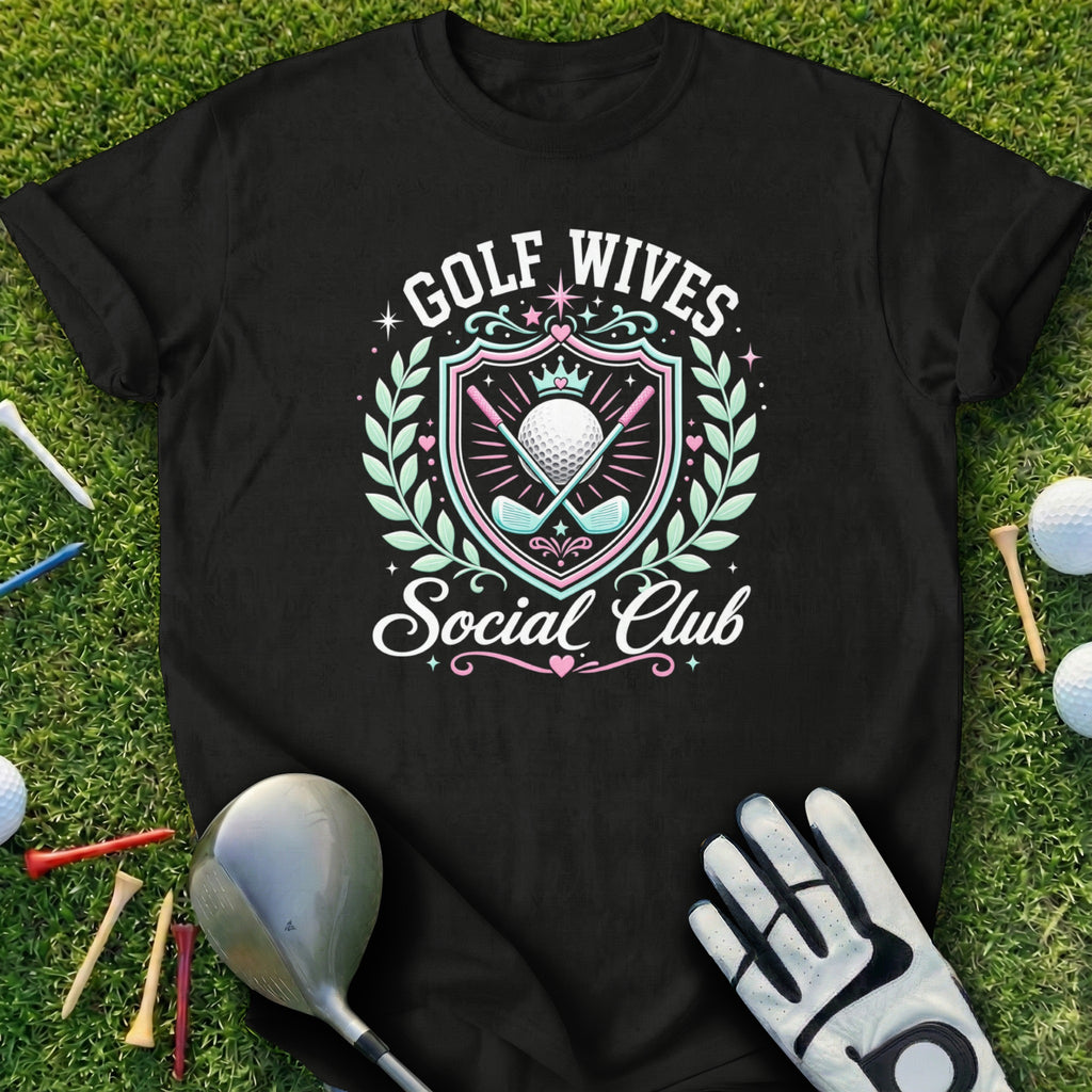 Black t-shirt with "Golf Wives Social Club" text and golf-themed crest.