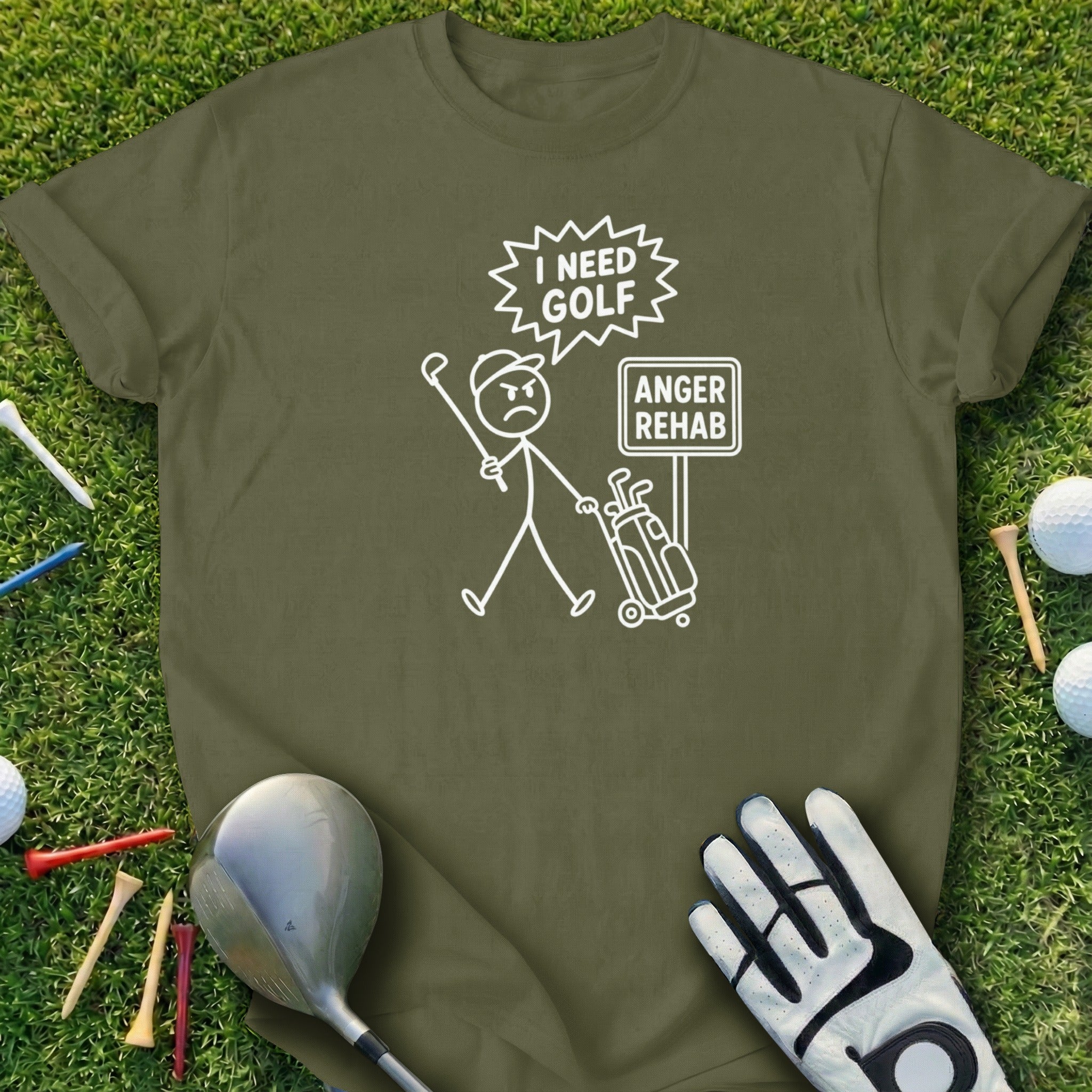 T-shirt with stick figure golfer and "I NEED GOLF ANGER REHAB" text.