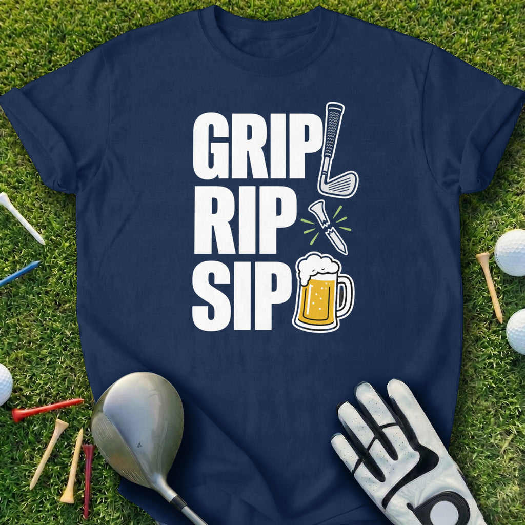 Navy t-shirt with GRIP RIP SIP text and golf icons.