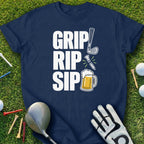 Navy t-shirt with GRIP RIP SIP text and golf icons.