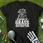 Black t-shirt with "Weapons of Grass Destruction" and golf club graphic.