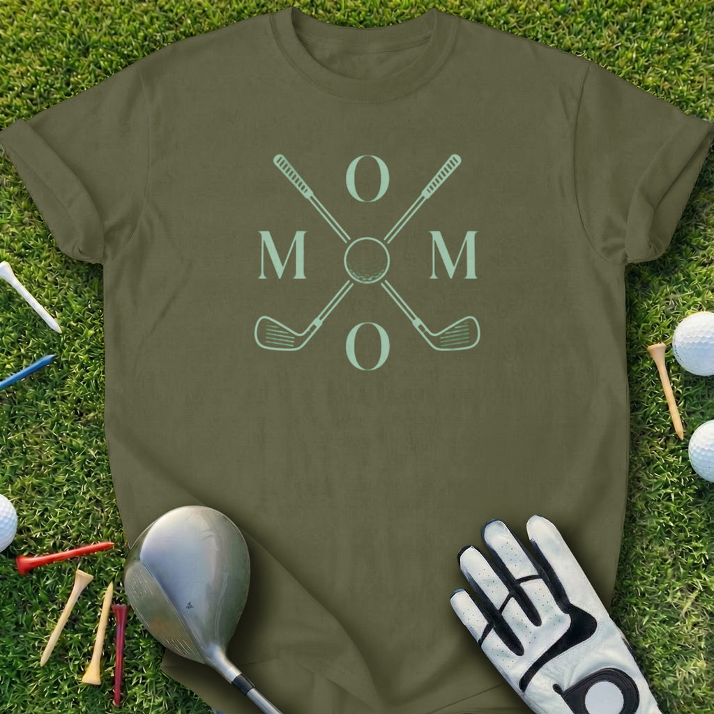 Olive t-shirt with crossed golf clubs and "MOM" text.