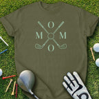 Olive t-shirt with crossed golf clubs and "MOM" text.