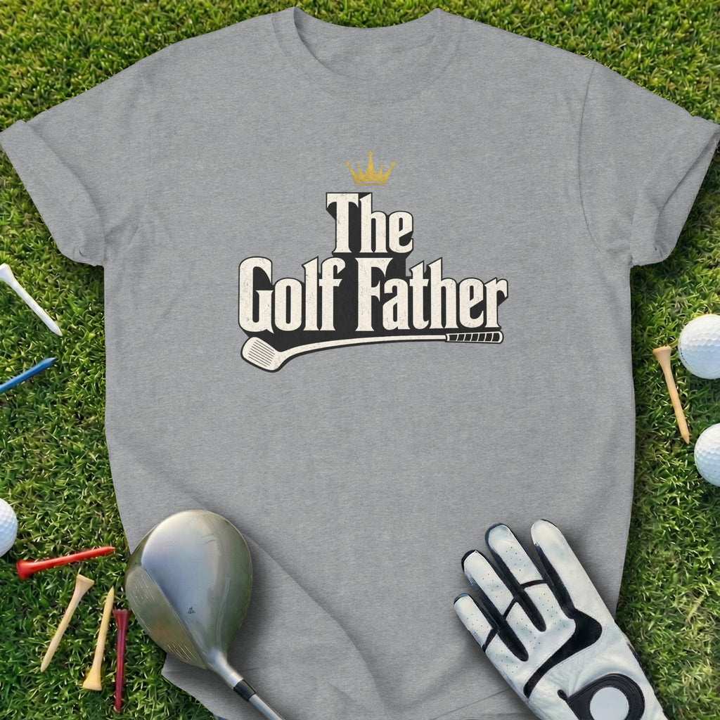 Grey t-shirt with "The Golf Father" text and golf club illustration.