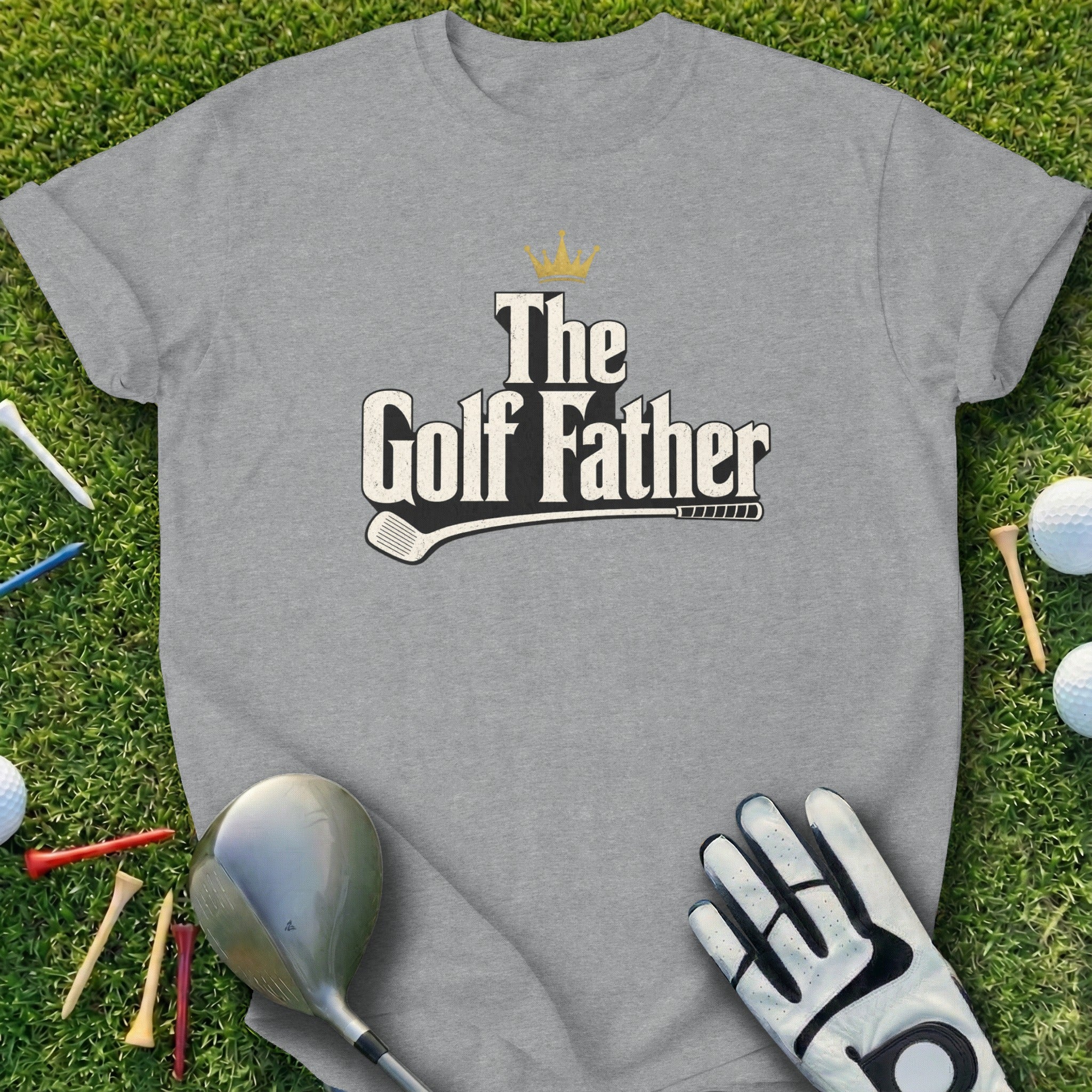 Grey t-shirt with "The Golf Father" text and golf club illustration.