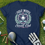 Navy t-shirt with "Golf Wives Social Club" text and golf emblems.