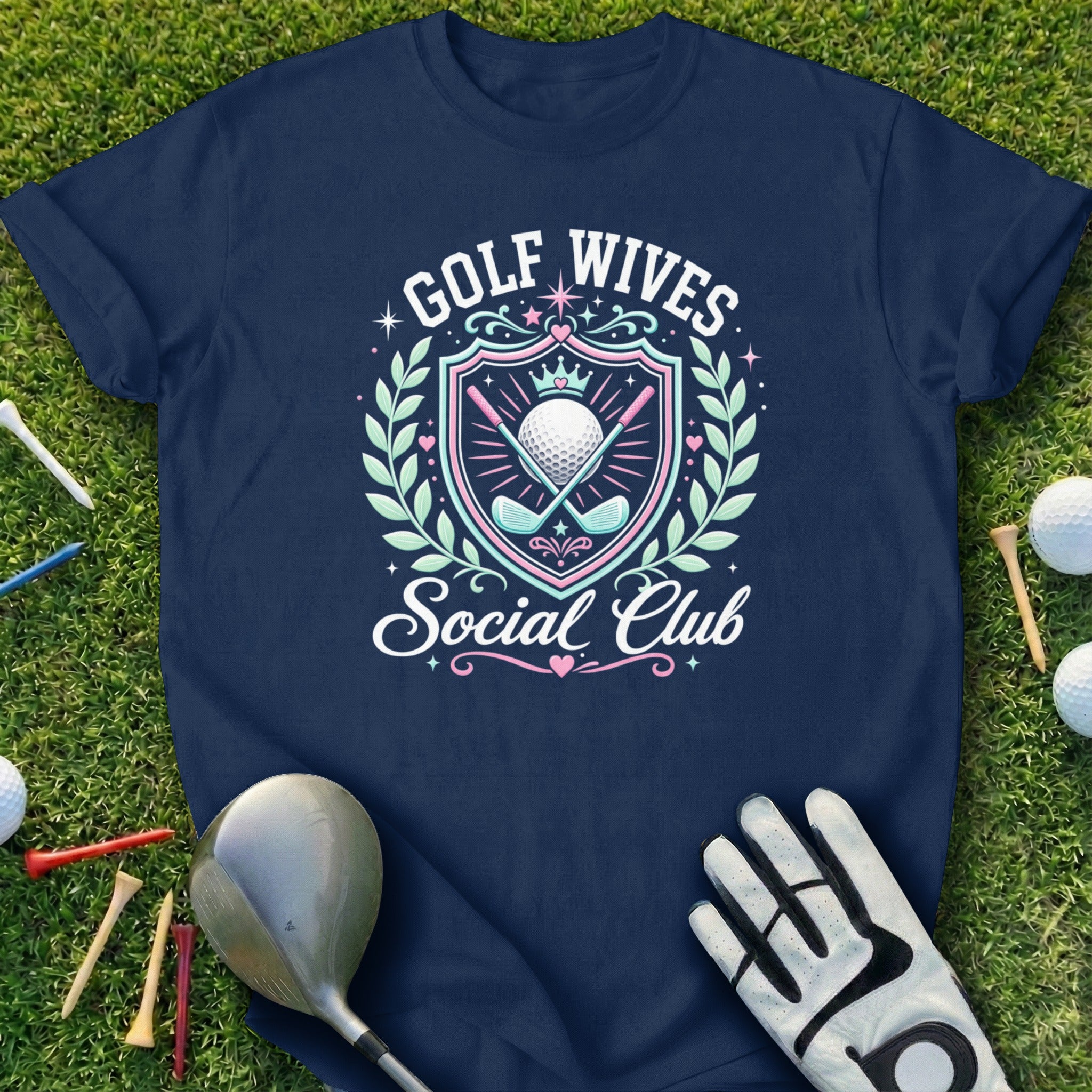 Navy t-shirt with "Golf Wives Social Club" text and golf emblems.