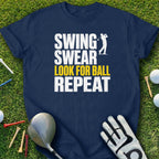 Navy t-shirt with "Swing Swear Look for Ball Repeat" in white and yellow text.