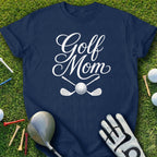 Navy t-shirt with "Golf Mom" text and crossed golf clubs and ball.