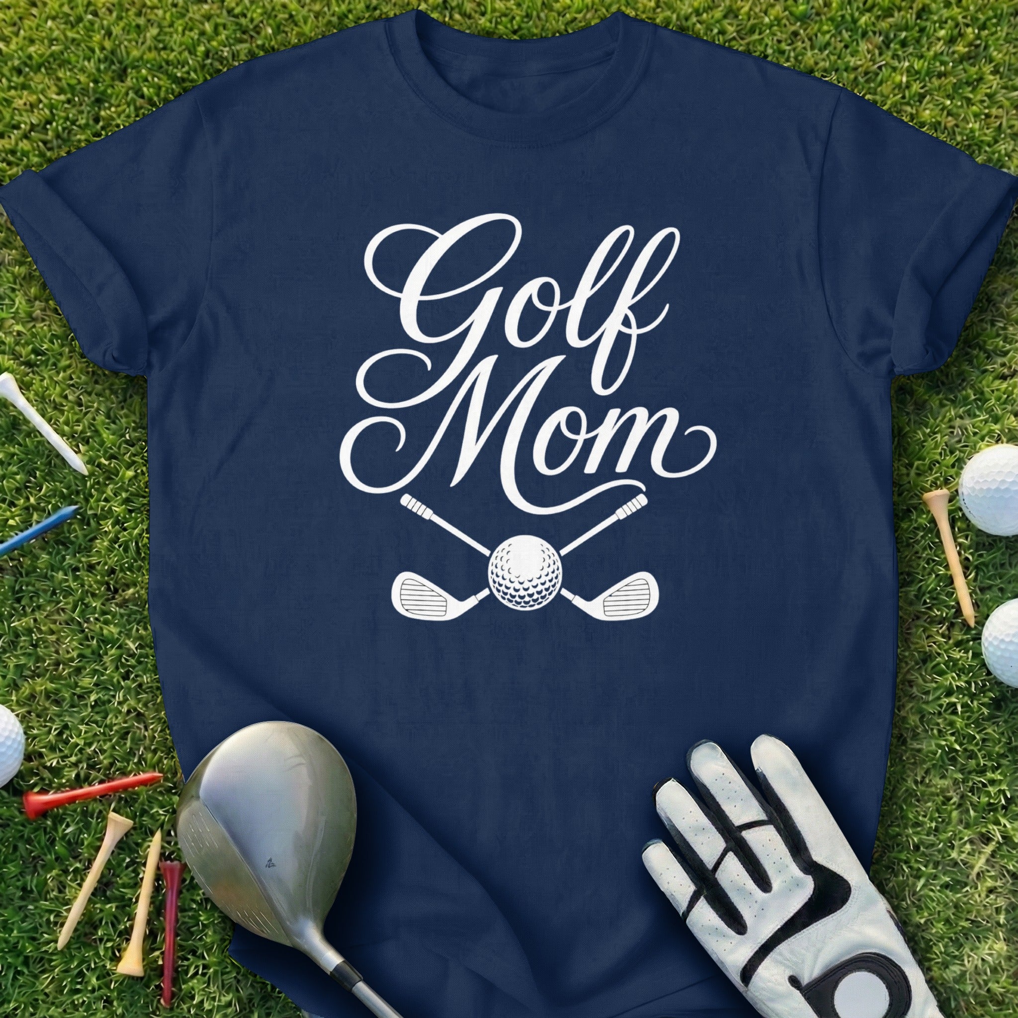 Navy t-shirt with "Golf Mom" text and crossed golf clubs and ball.