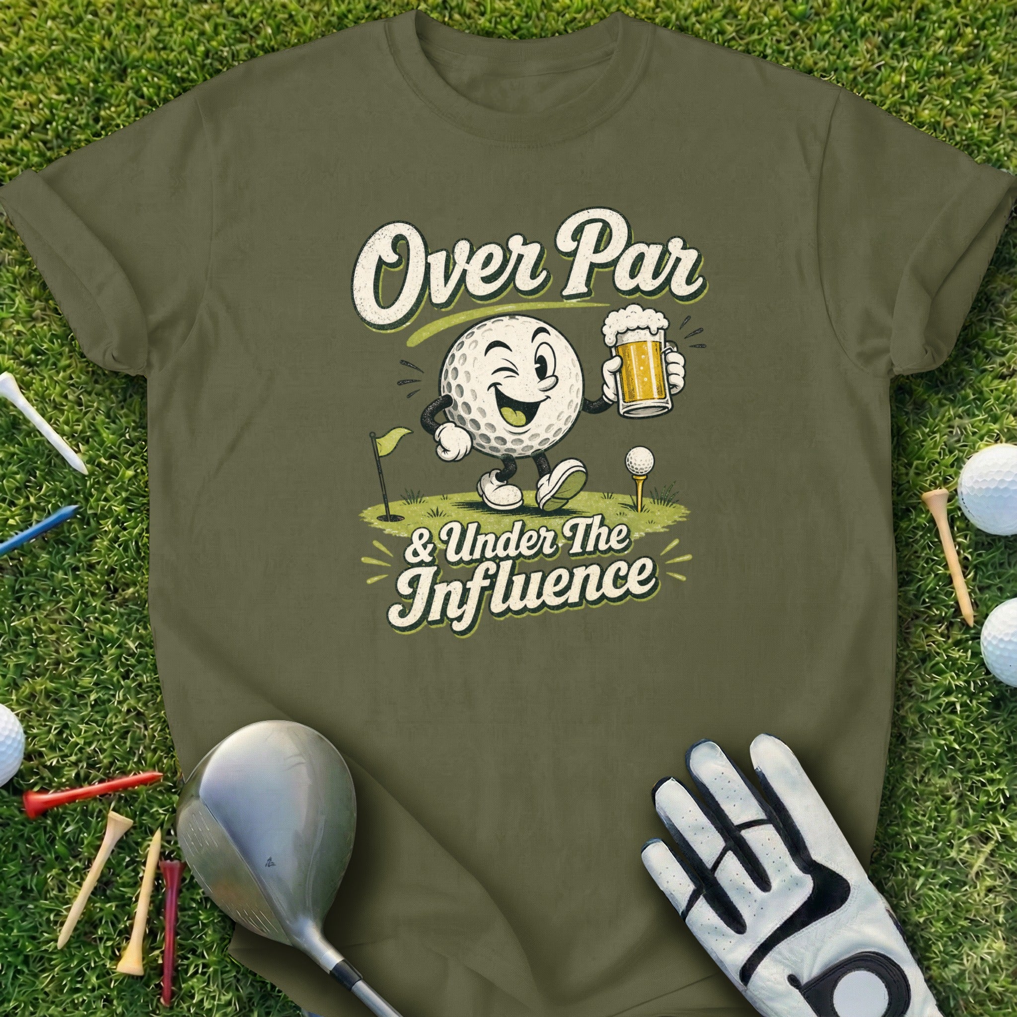Golf ball character with beer says "Over Par & Under The Influence" on shirt.