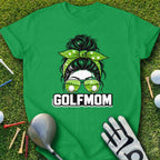 Green t-shirt with "GOLFMOM" text and sunglasses reflecting golf course.