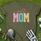 Olive t-shirt with "Golf MOM" in colorful leopard print letters.