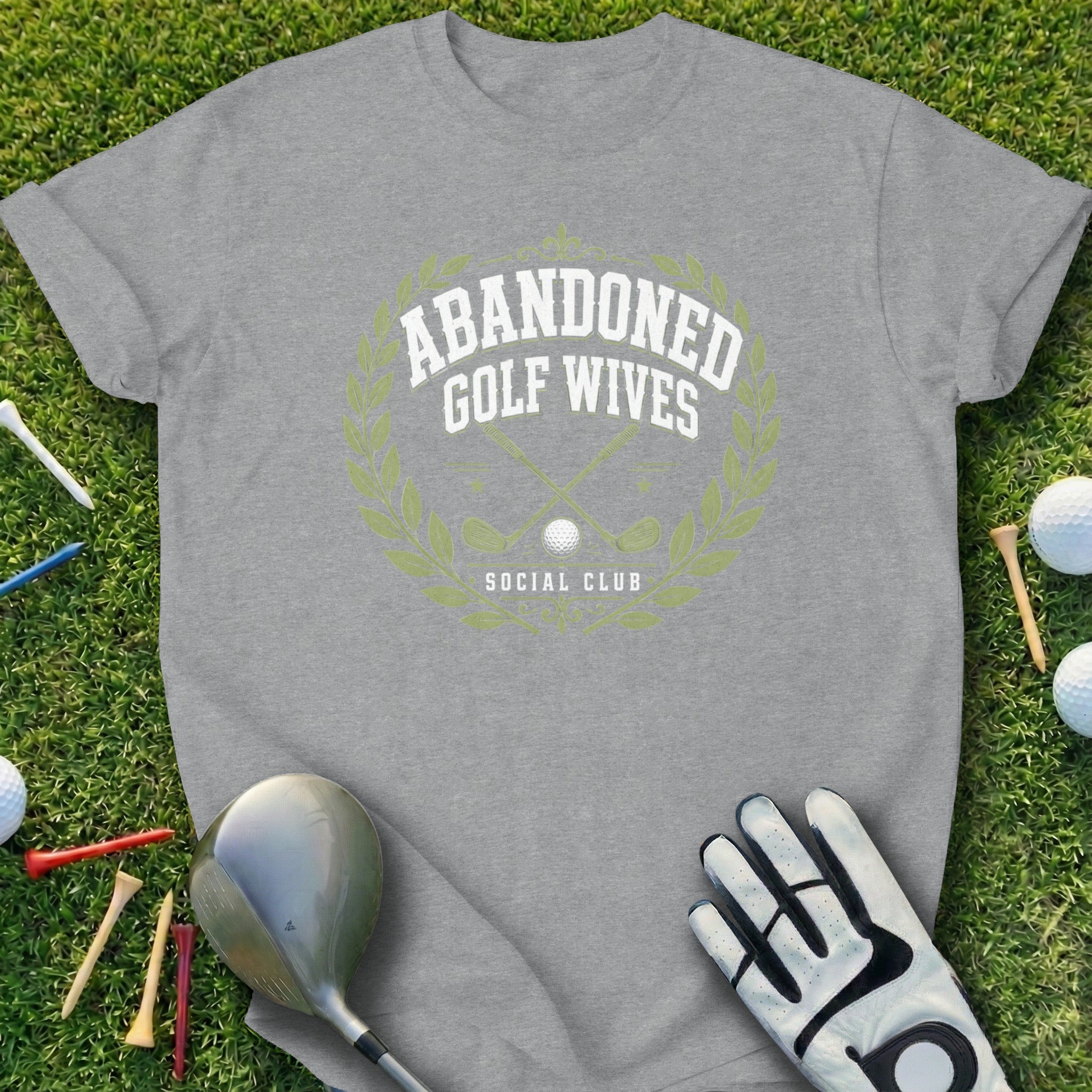Gray t-shirt with "Abandoned Golf Wives Social Club" text and golf graphics.