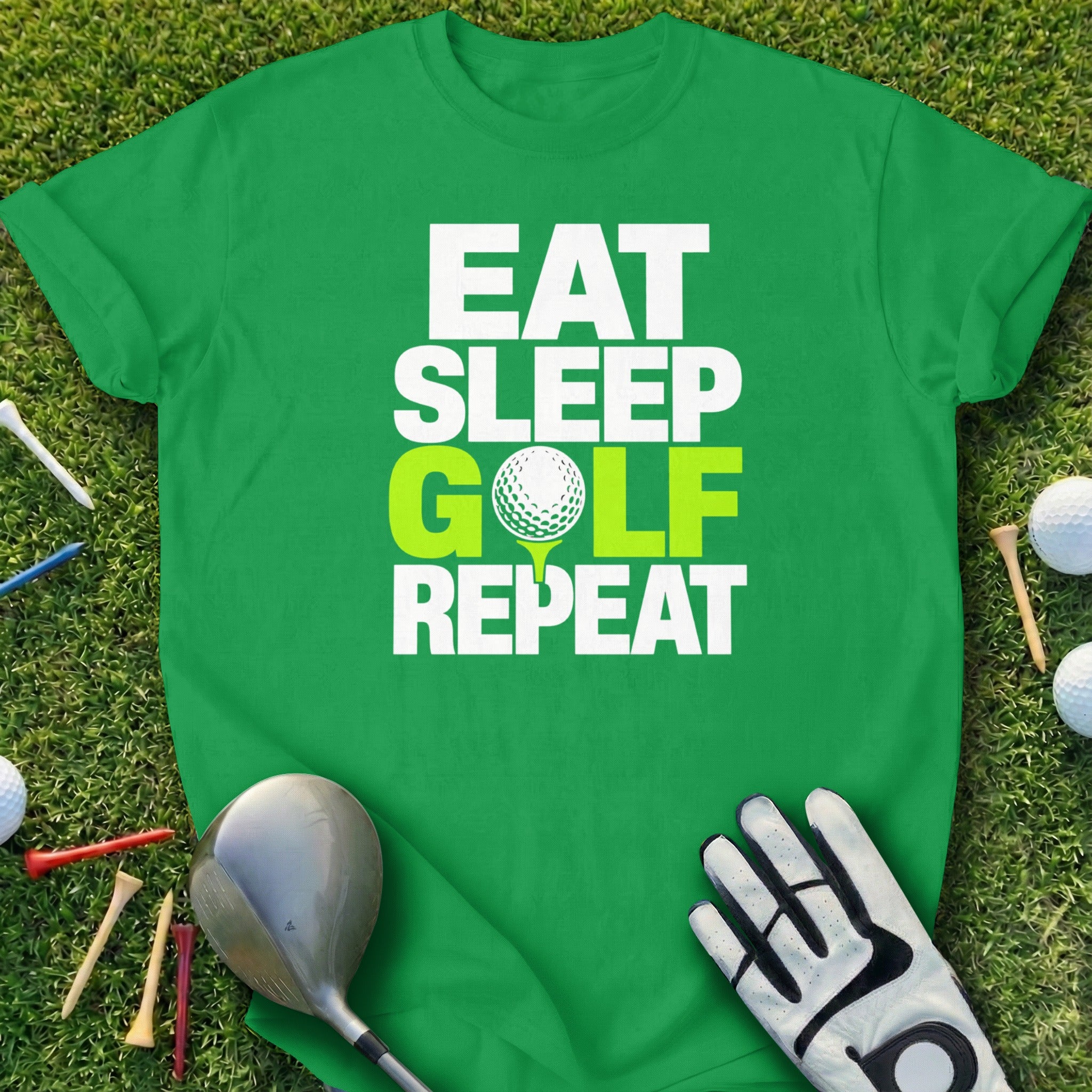 Green t-shirt with "Eat Sleep Golf Repeat" text and a golf ball.