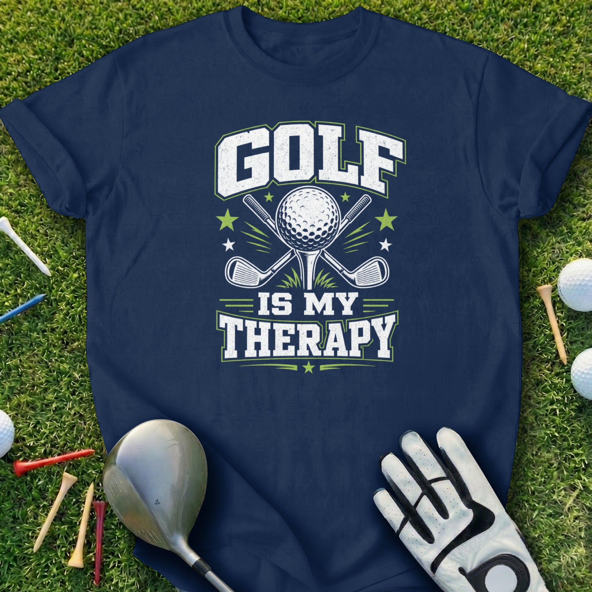 Navy t-shirt with "GOLF IS MY THERAPY" text and crossed golf clubs and ball.