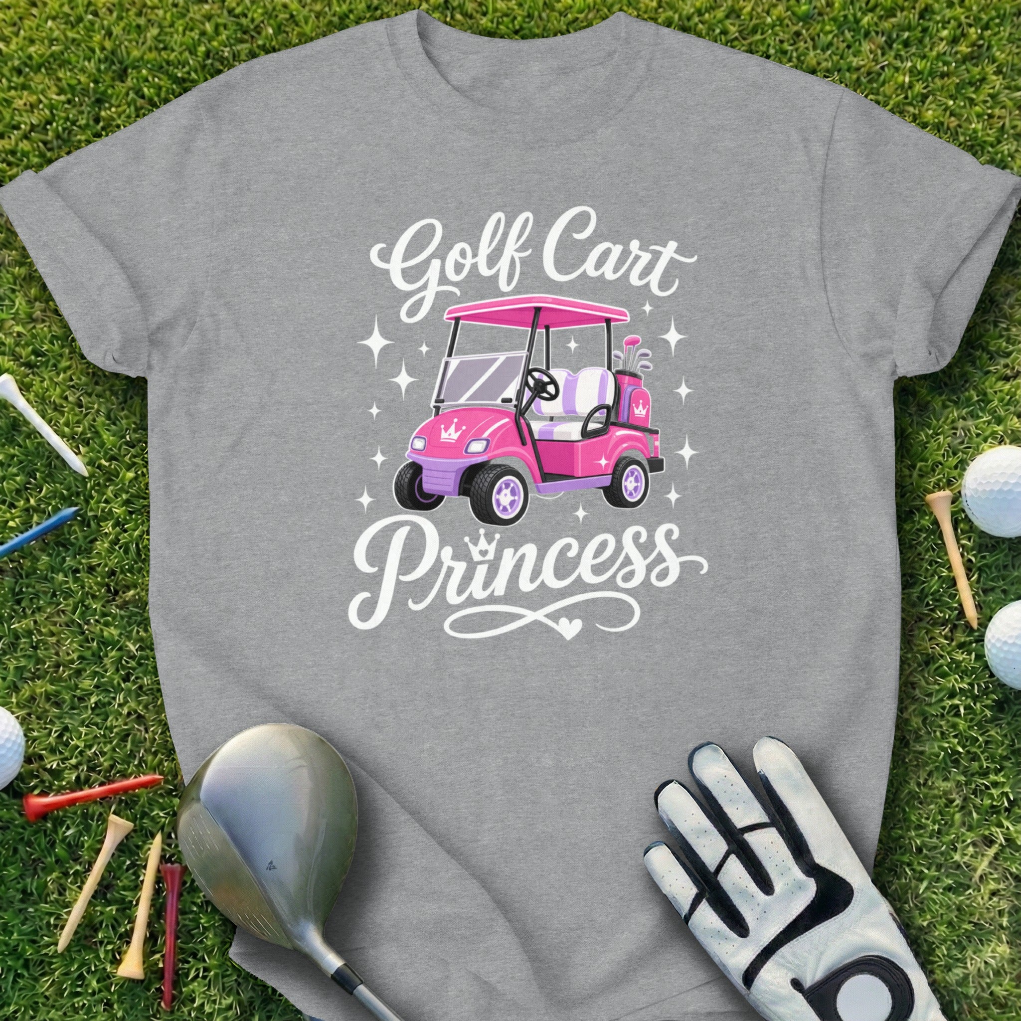 Grey t-shirt with "Golf Cart Princess" text and a pink golf cart graphic.