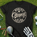 Black t-shirt with "World's Okayest Golfer" text and golf accessories.