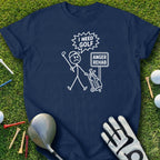 Navy t-shirt with white graphic of a stick figure golfer with "I need golf anger rehab" text.