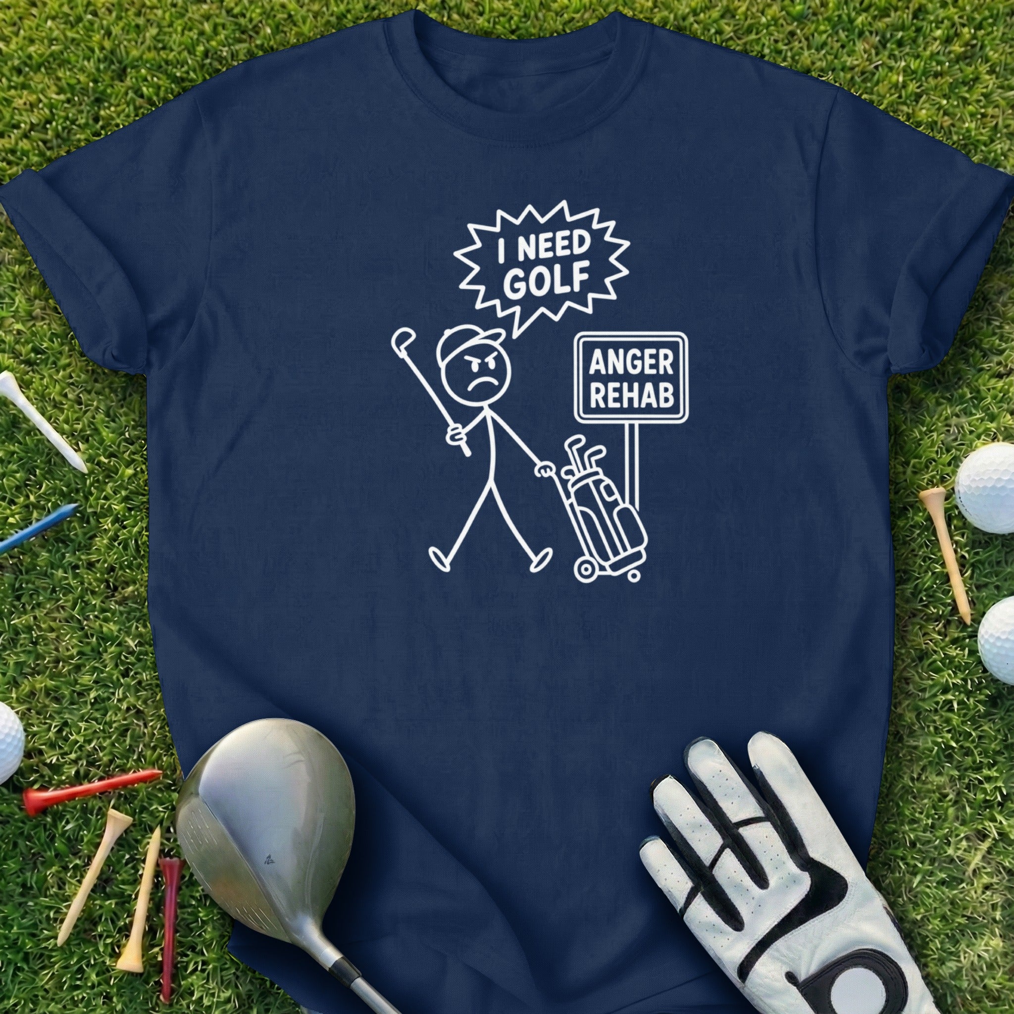 Navy t-shirt with white graphic of a stick figure golfer with "I need golf anger rehab" text.
