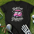 Black t-shirt with "Golf Cart Princess" text and a pink golf cart graphic.
