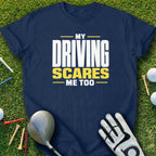 Navy t-shirt with "My Driving Scares Me Too" text, golf clubs, tees, and balls.