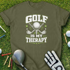 Green t-shirt with "Golf is my therapy" text, golf ball, and crossed clubs.