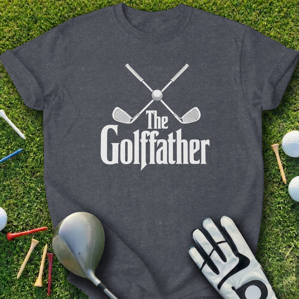 Dark t-shirt with "The Golffather" text and crossed golf clubs.