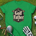 Green t-shirt with "The Golf Father" logo and golf accessories.