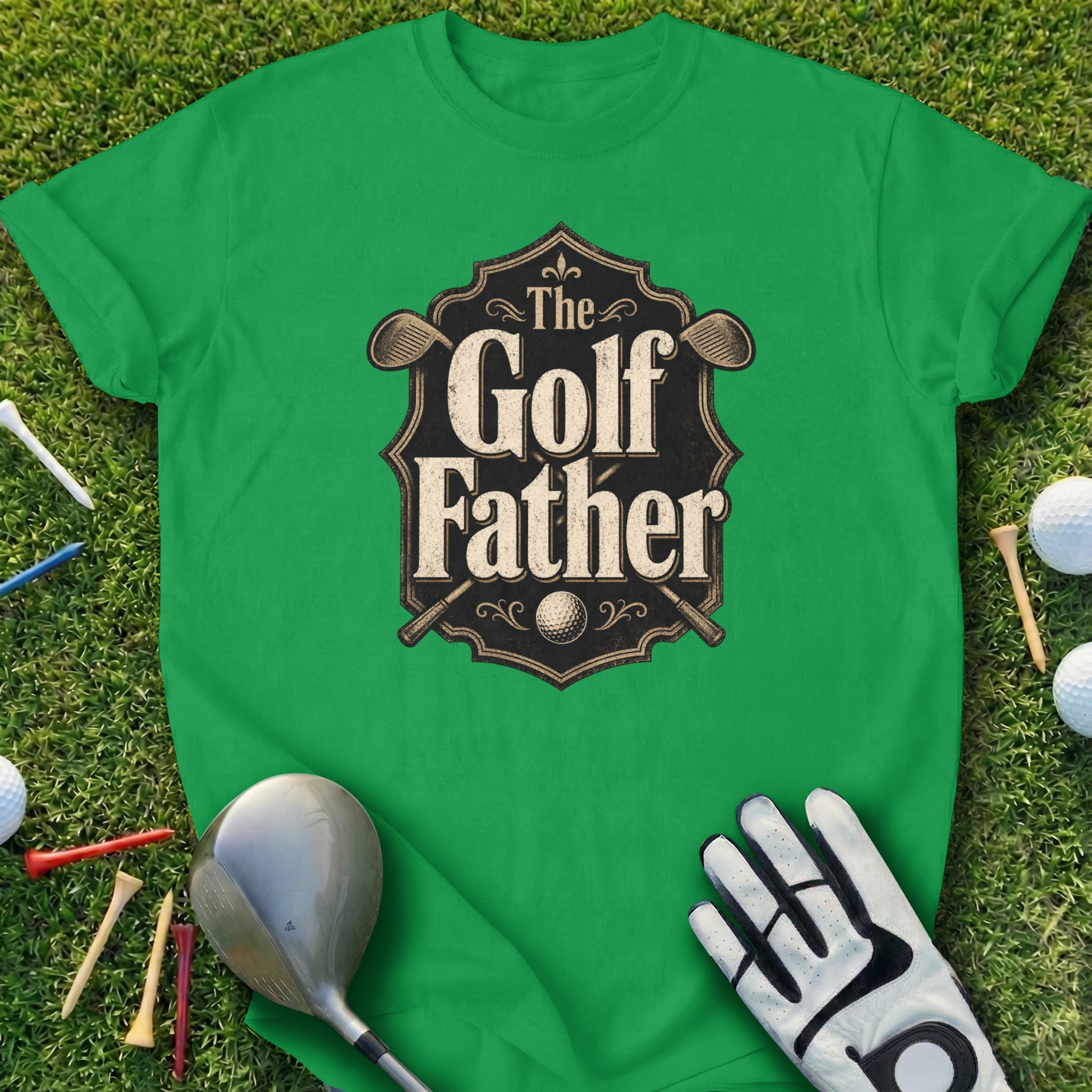 Green t-shirt with "The Golf Father" logo and golf accessories.