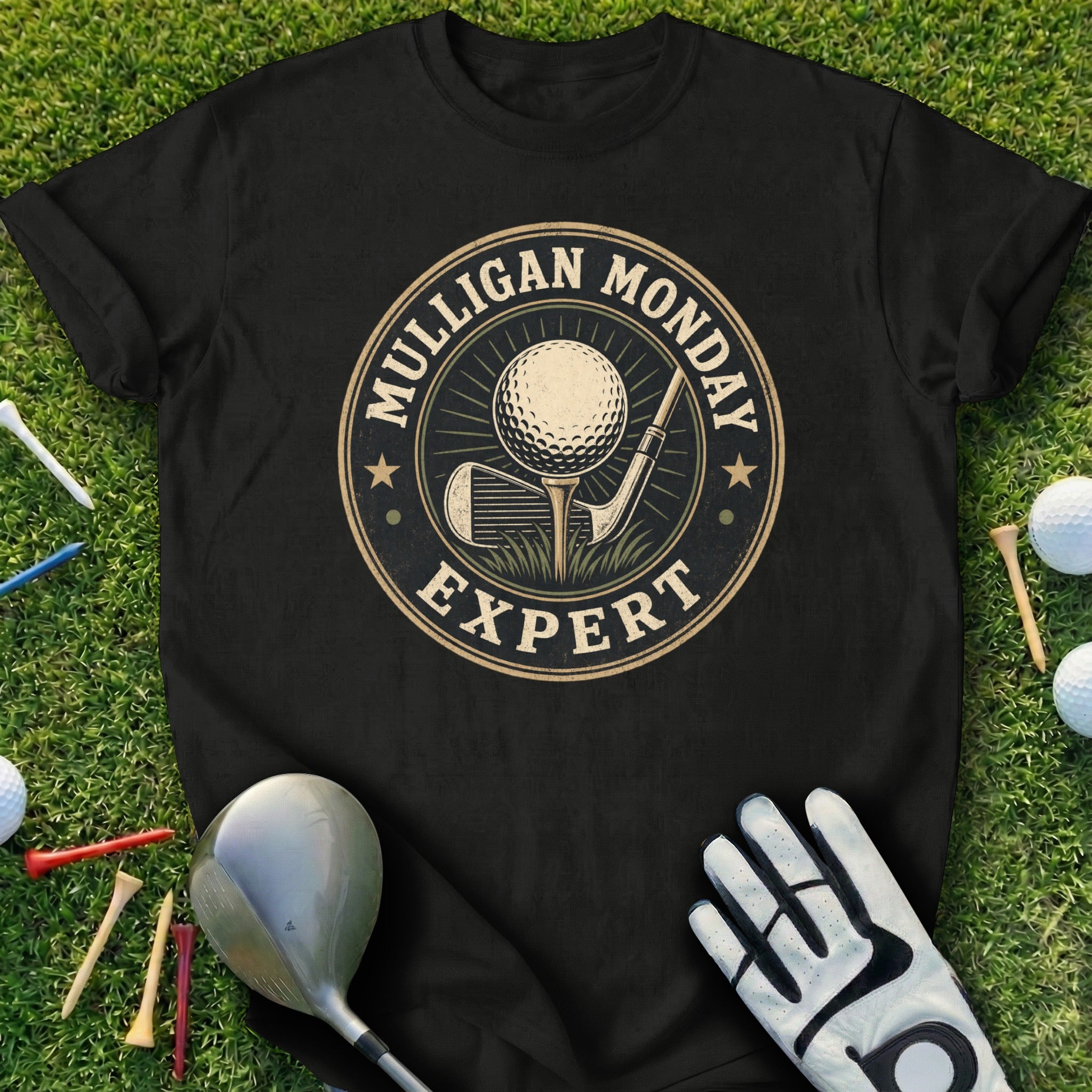 Black t-shirt with "Mulligan Monday Expert" text and golf imagery.