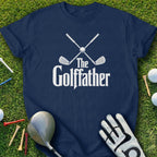 Navy t-shirt with "The Golffather" text and crossed golf clubs.