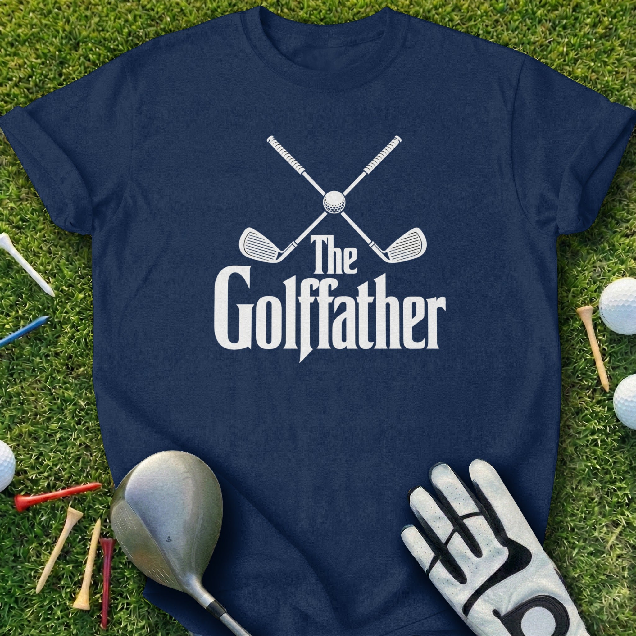 Navy t-shirt with "The Golffather" text and crossed golf clubs.