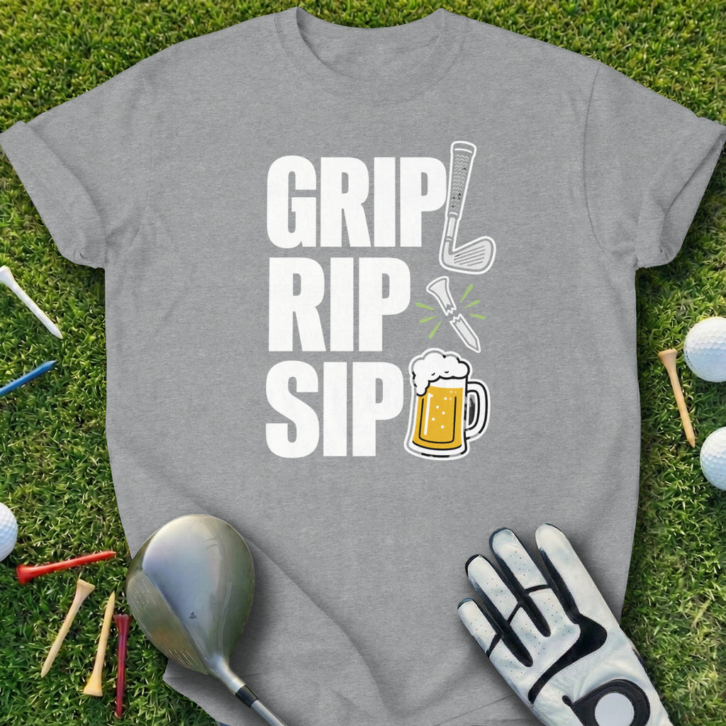 Gray t-shirt with "Grip Rip Sip" and golf icons: club, tee, beer.