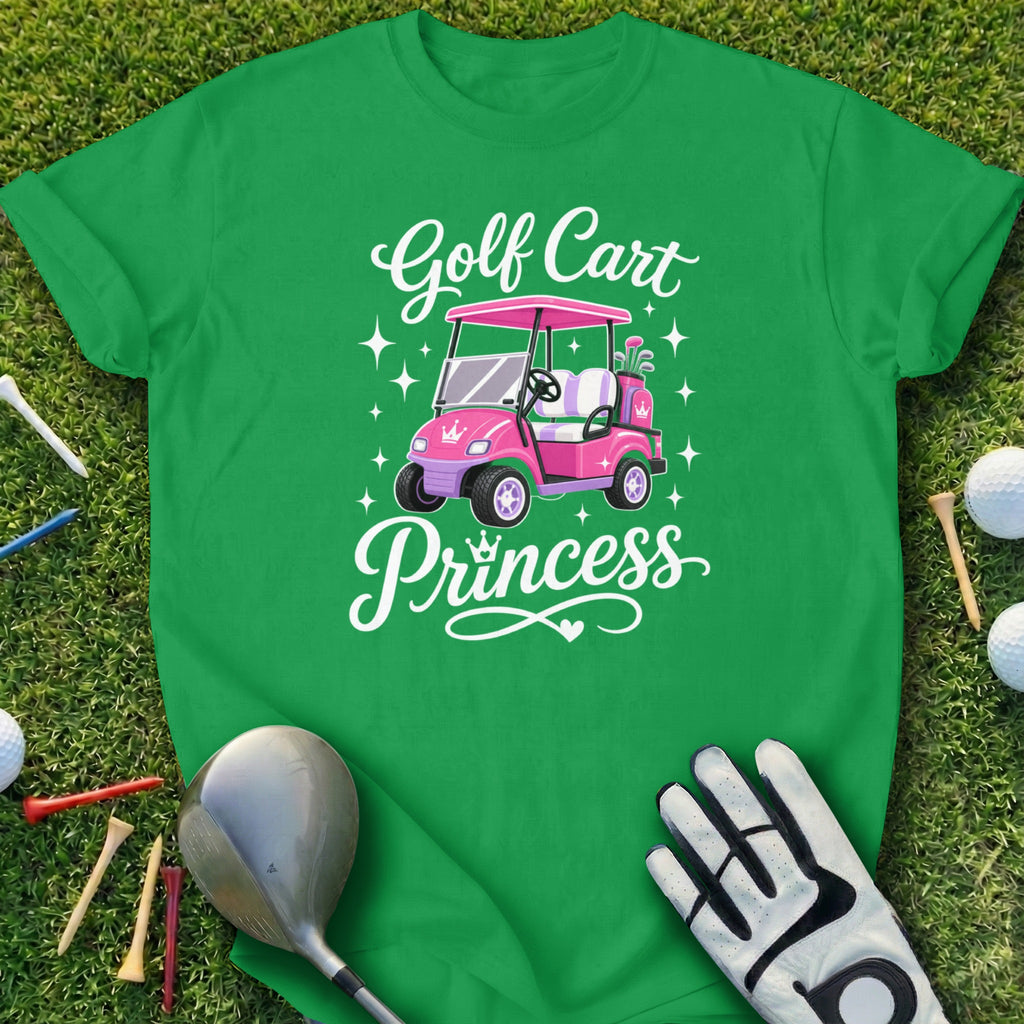 Green t-shirt with pink golf cart and "Golf Cart Princess" text.