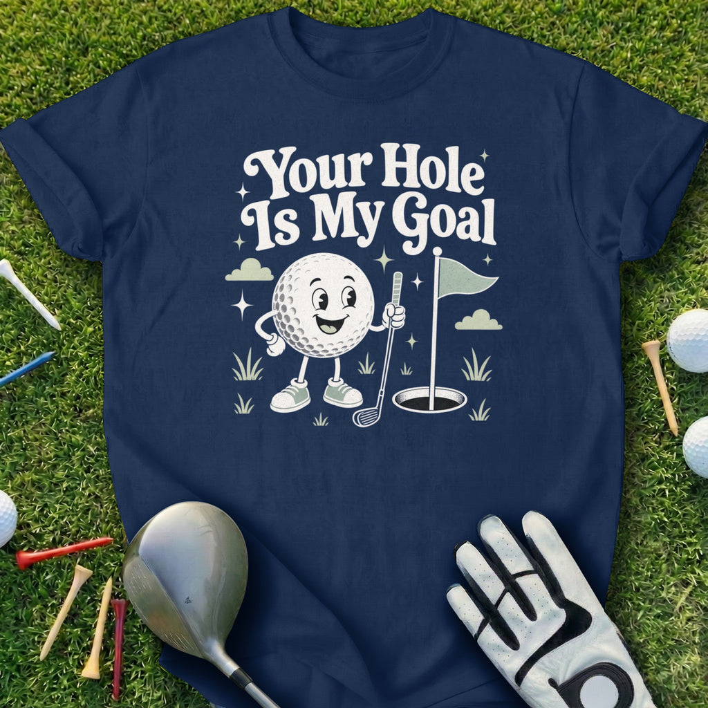 Navy t-shirt with cartoon golf ball and text "Your Hole Is My Goal".